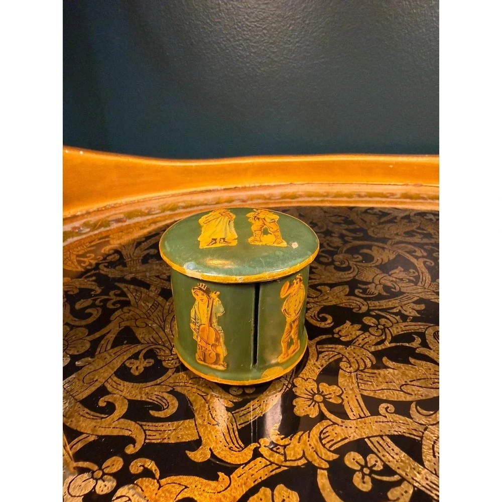 Vintage Hand-Painted Wood Stamp Roll Box 2″ Round Musical Figures - Picture 1 of 16